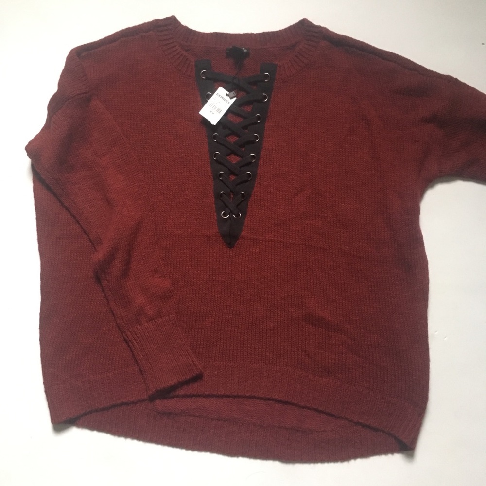 NWT Express Factory Outlet Maroon Lace Up Sweater